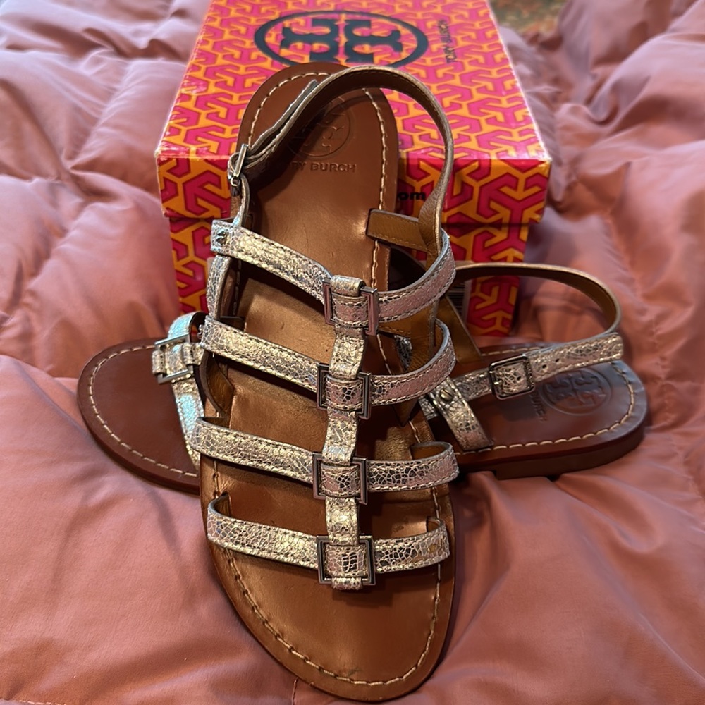 Tory Burch Reggie Flat Sandal Mirror Craquelee Silver